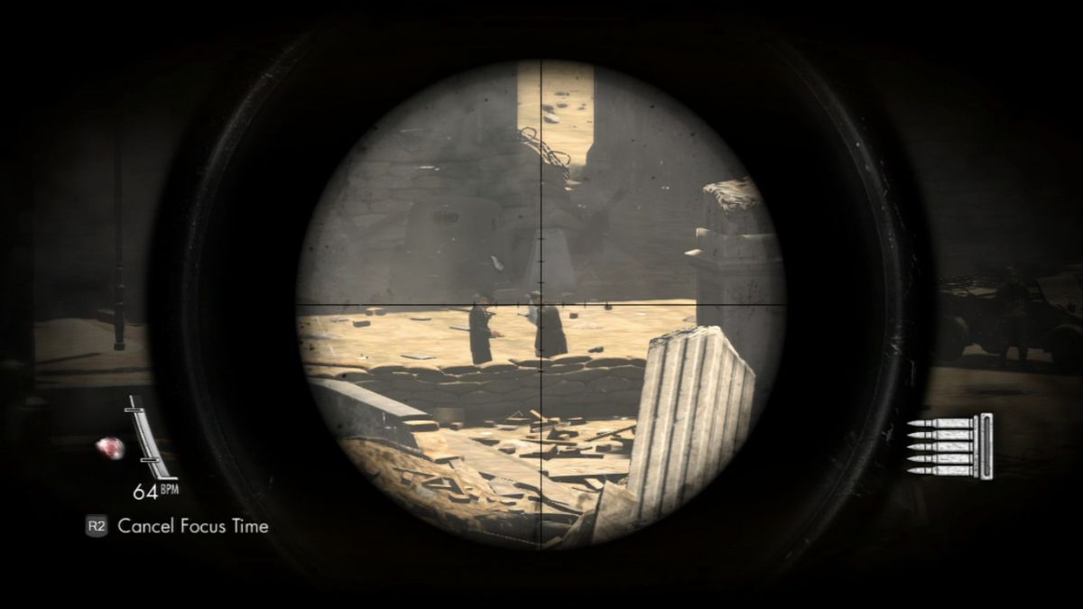Sniper Elite V2 (PlayStation 3) screenshot: Hold your breath to focus to increase the chance of hitting the enemy.