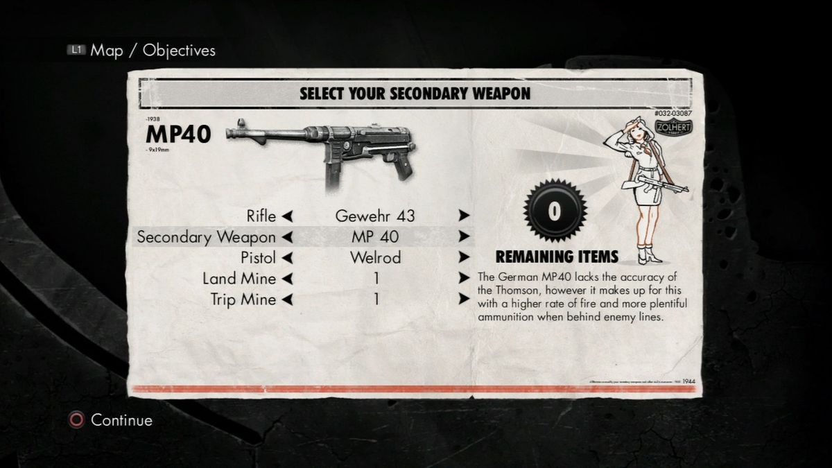 Sniper Elite V2 (PlayStation 3) screenshot: You can select your weapons for the mission.