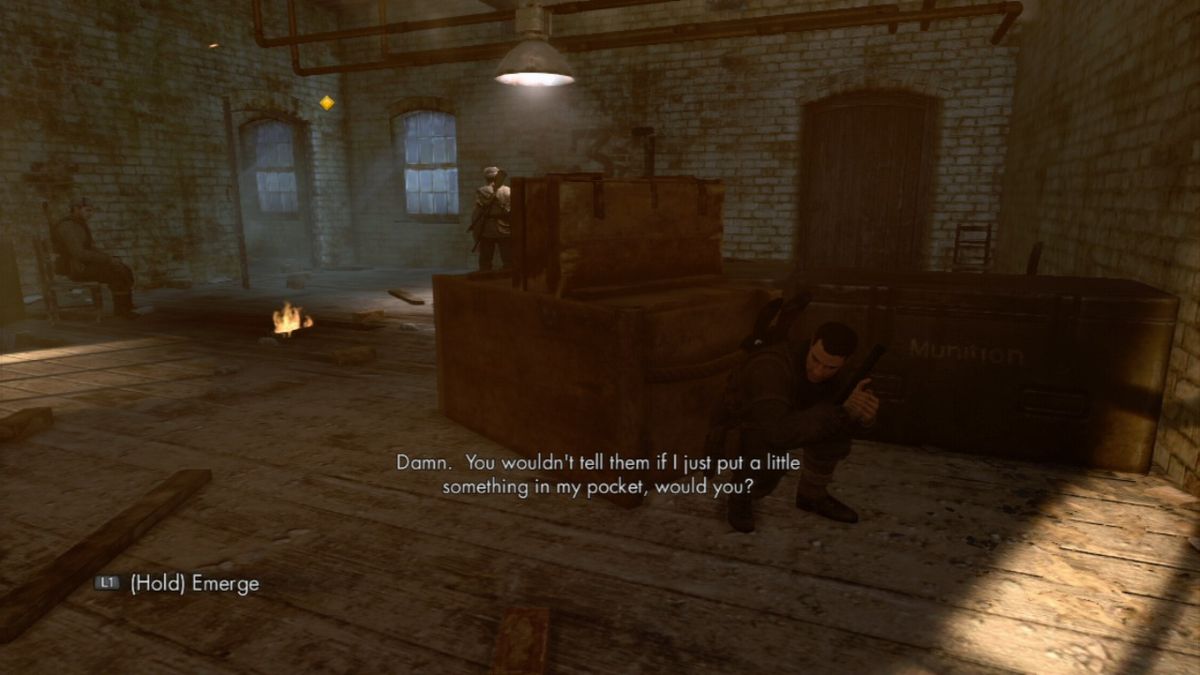 Sniper Elite V2 (PlayStation 3) screenshot: Sneaking past the guards.
