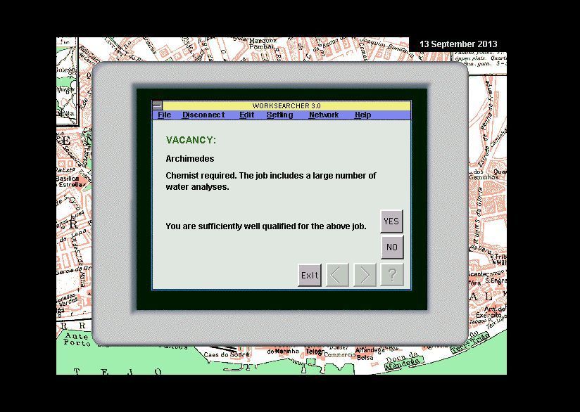 Backpacker (Windows) screenshot: The job hunting screen. There are usually two or three jobs available and the player is not always qualified to take them. English