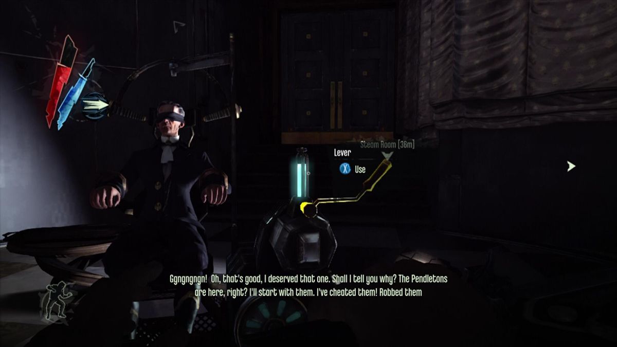 Dishonored (Xbox 360) screenshot: The game features some real weirdos. Pull the lever for some funny comments from this guy.