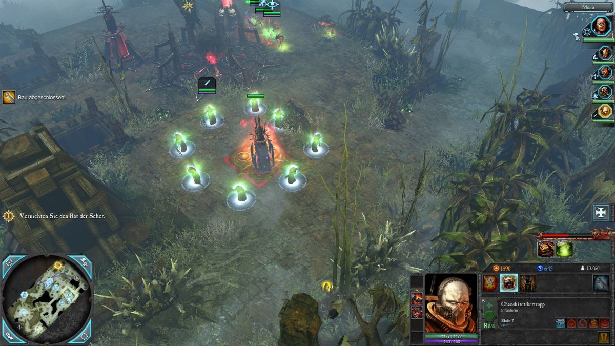 Warhammer 40,000: Dawn of War II - Retribution (Windows) screenshot: Special feature of the chaos: Construct a shrine and let some cultist worship it for blessings.