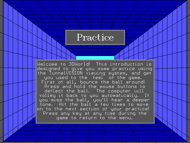 3DWorld (DOS) screenshot: TunnelVISION Introduction/practice session