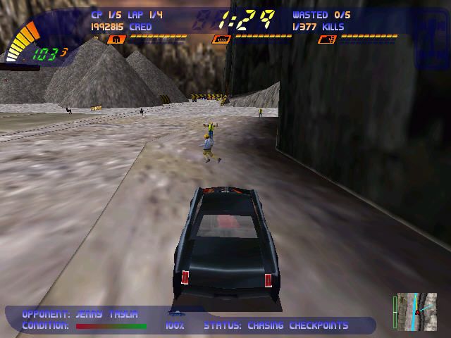 Carmageddon 2: Carpocalypse Now (Windows) screenshot: Two targets on the line