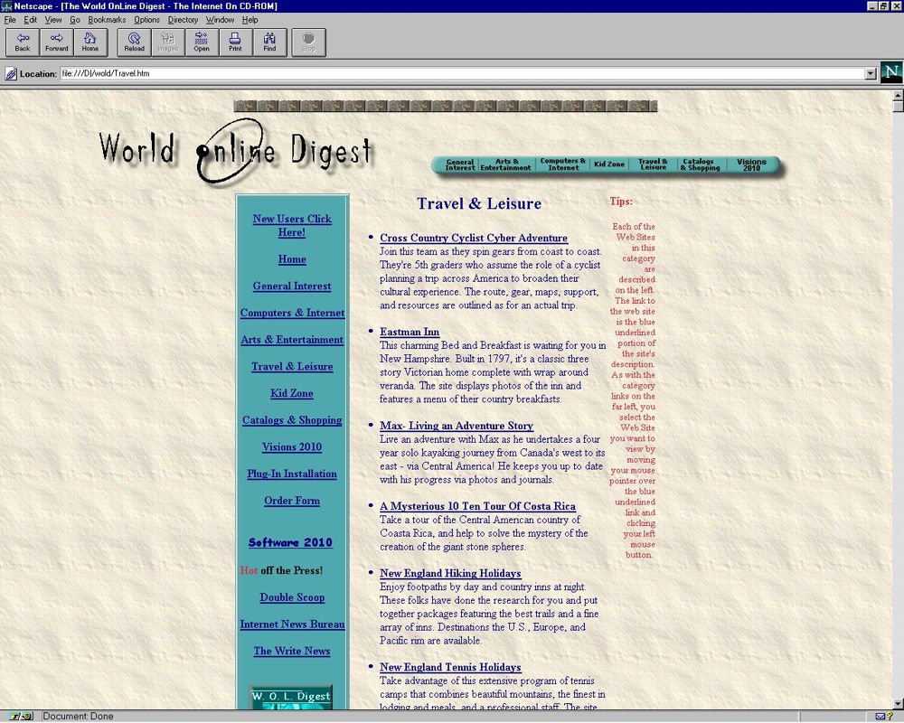 Software 2010: Version MAGENTA (1998) (Windows) screenshot: The front end of the World Online Browser which gives access to the web sites held on the CD