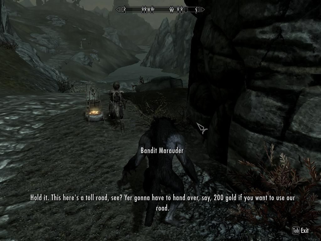 The Elder Scrolls V: Skyrim (Windows) screenshot: It takes some serious balls by this bandit to demand a toll fee from a werewolf.