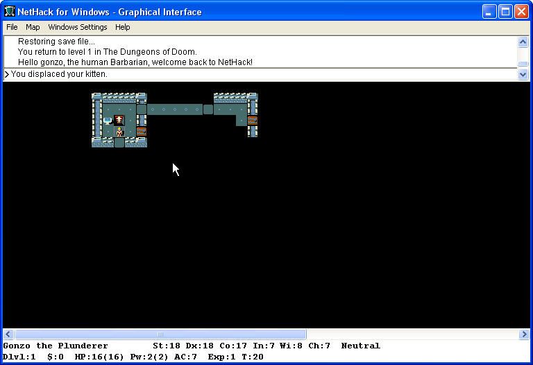 NetHack (Windows) screenshot: 1 level barbarian - long or very short life?