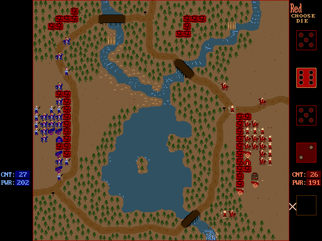 Campaign (DOS) screenshot: RIP: one of my cannons fell victim to a random mine when moving out