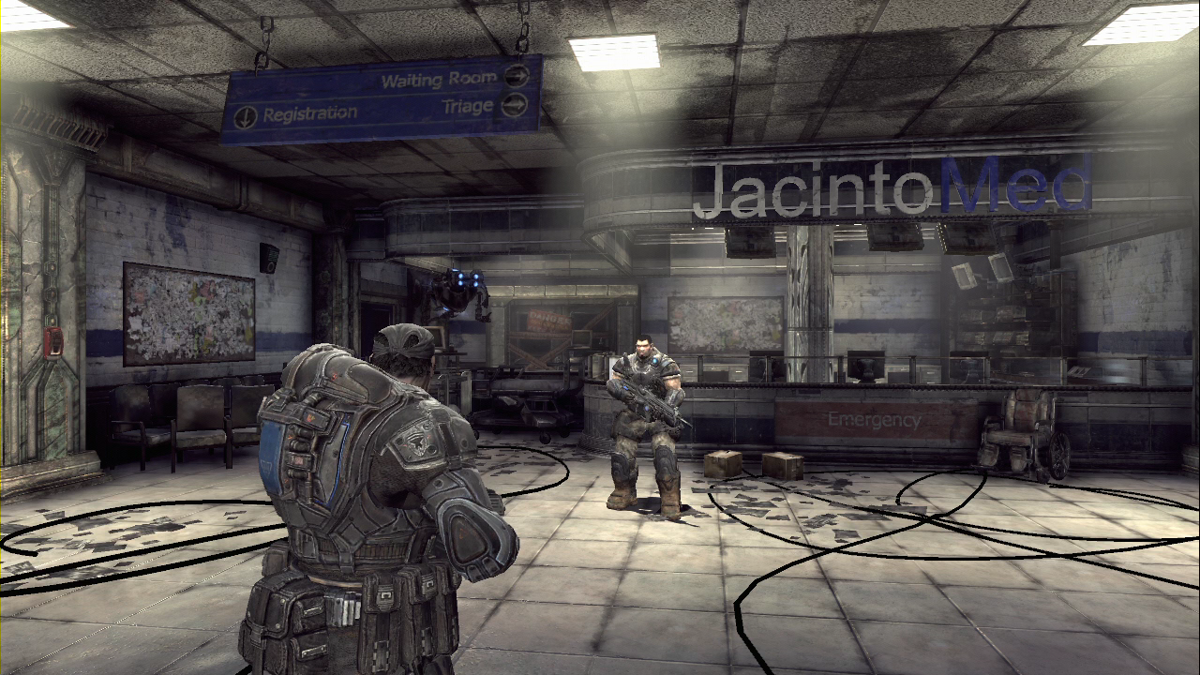 Gears of War 2 (Xbox 360) screenshot: Dom and Marcus inside the Jacinto hospital. This is where the campaign begins.