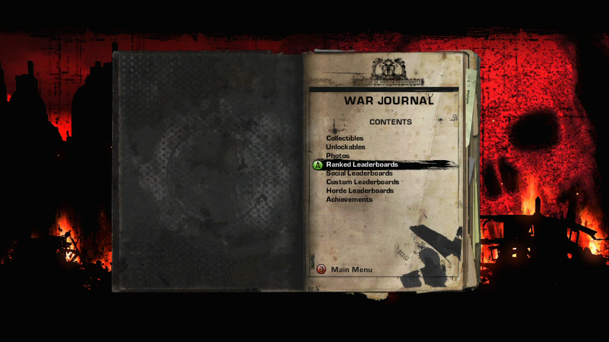 Gears of War 2 (Xbox 360) screenshot: The war journal records your multiplayer statistics, collectibles and achievements.