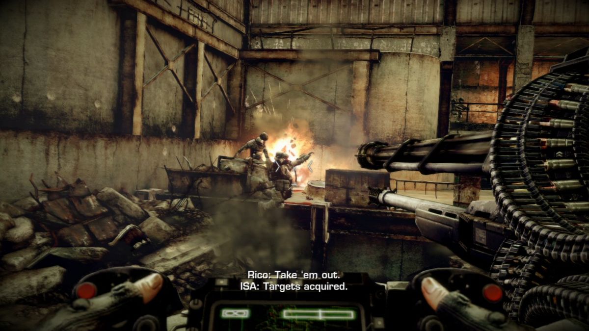 Killzone 3 (PlayStation 3) screenshot: Armored vehicle has no trouble disposing the enemy infantry.