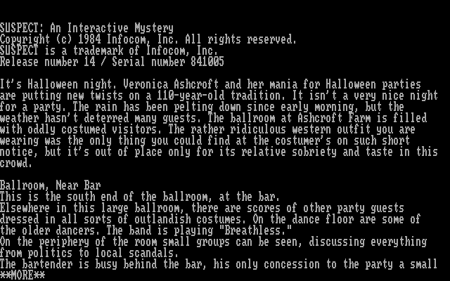 Suspect (DOS) screenshot: opening screen