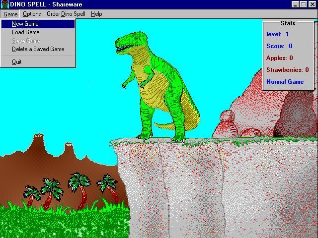 Dino Spell (Windows) screenshot: A new game is started by selecting the 'New Game' option from the menu bar