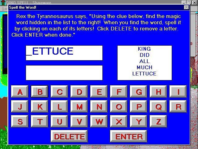 Dino Spell (Windows) screenshot: An example of the 'Spell the Word' question. These are asked when a piece of fruit is encountered and they too are followed by a short animation if answered correctly.