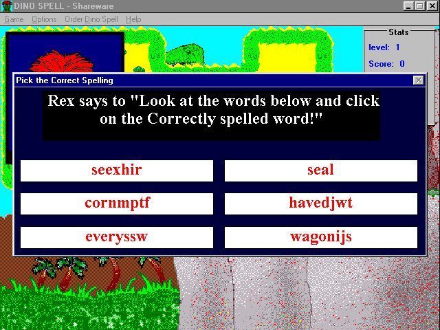 Dino Spell (Windows) screenshot: An example of the 'Pick the Correct Spelling' question