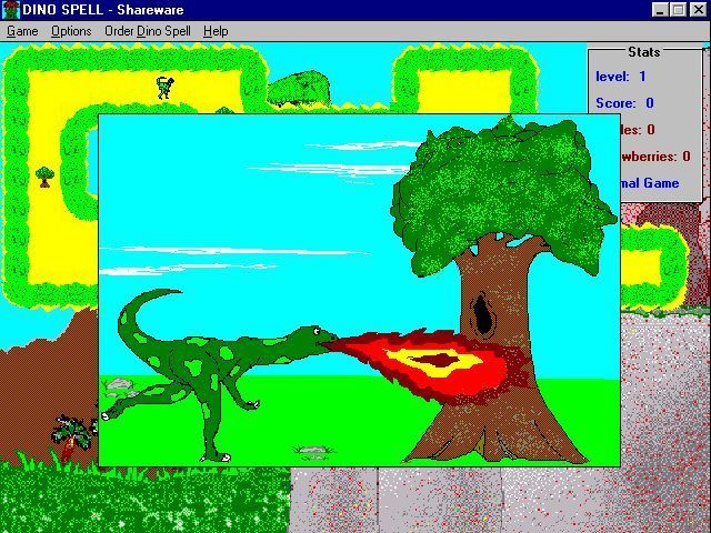 Dino Spell (Windows) screenshot: When a tree is encountered and the player answers the question correctly there is a brief animation showing Derik destroying the tree.