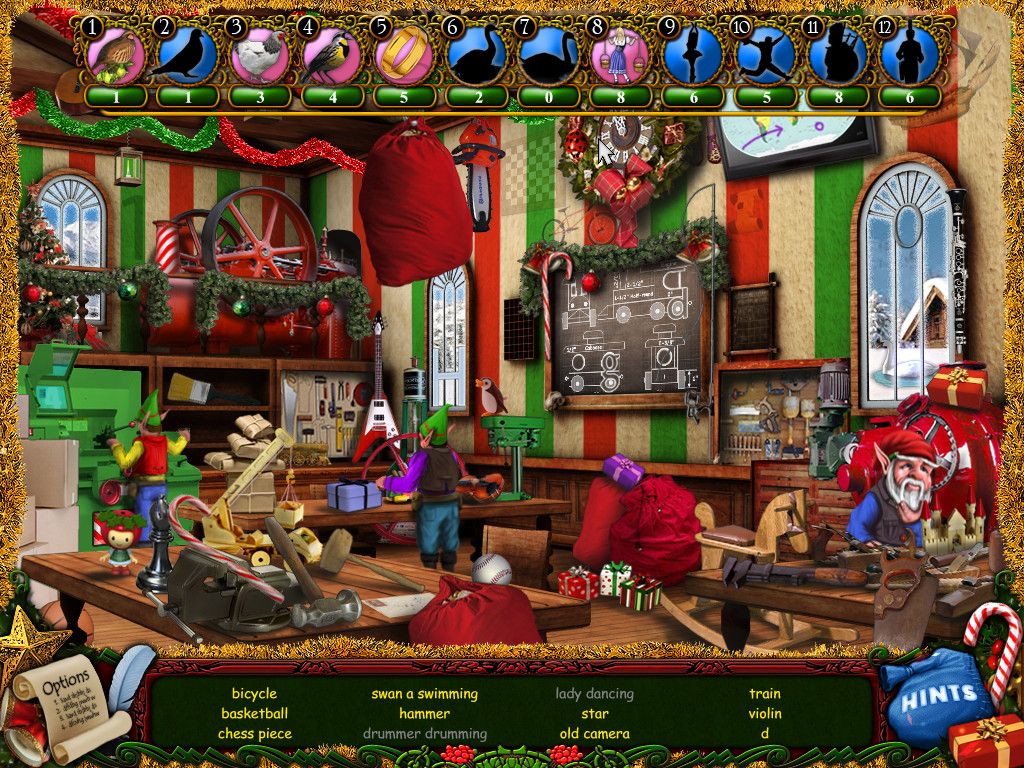 Christmas Wonderland (Windows) screenshot: Each time you find all the items of a day of the twelve days of Christmas, they appear in color.