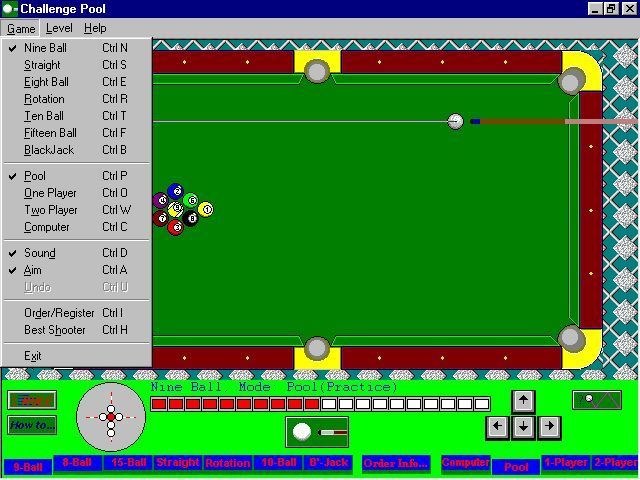 Challenge Pool (Windows) screenshot: The type of game, number of players and other options are accessed via the menu bar.