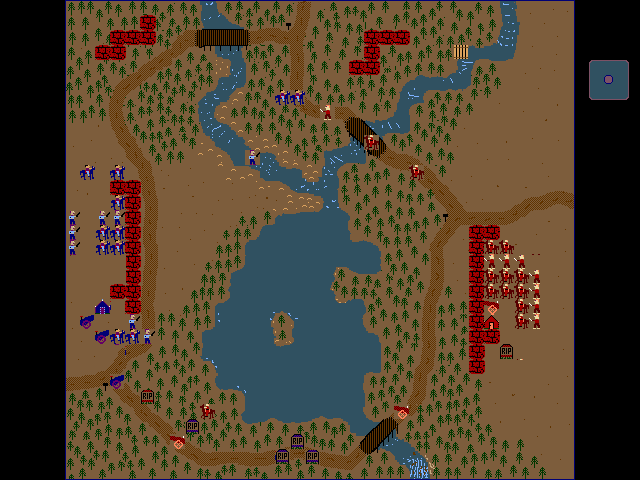 Campaign (DOS) screenshot: The battle up north is progressing too; a blue infantry unit has just used the raft and drifted down the river to join with the cavalry units.