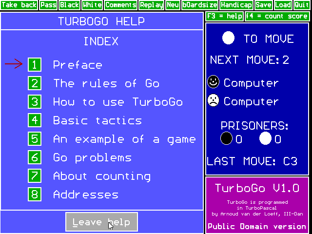 TurboGo (DOS) screenshot: Help index, 52 pages in total