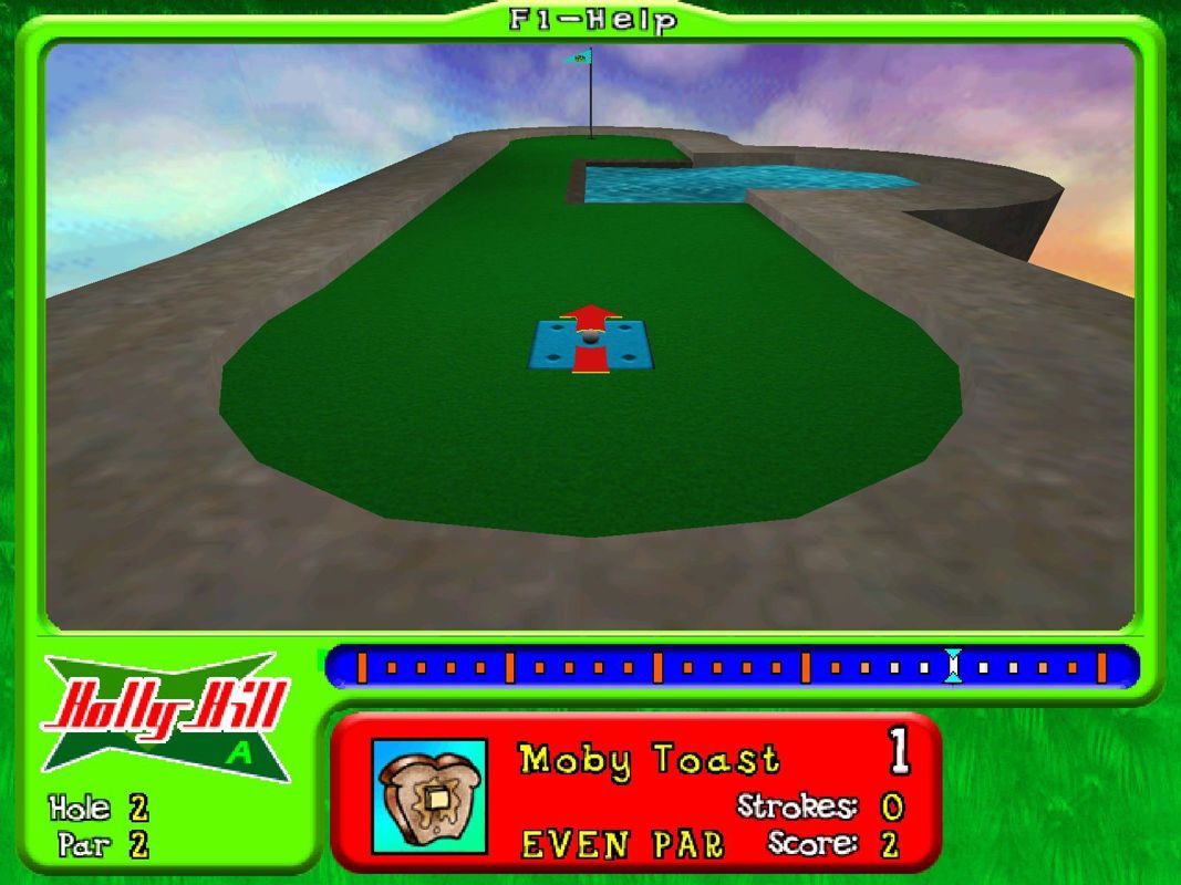 Mini Golf Master 2 (Windows) screenshot: This is a hole on the Holly Hill course. The background changes but not much else does