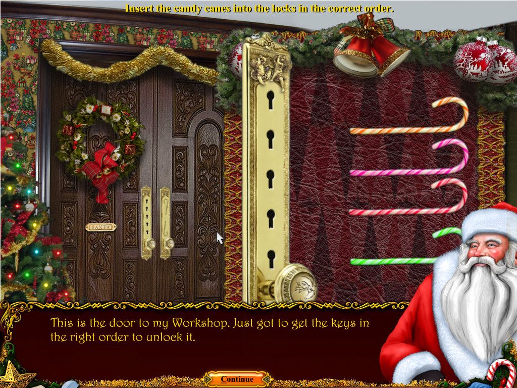 Christmas Wonderland (Windows) screenshot: Put the correct candy canes into the correct keyholes to open the door.