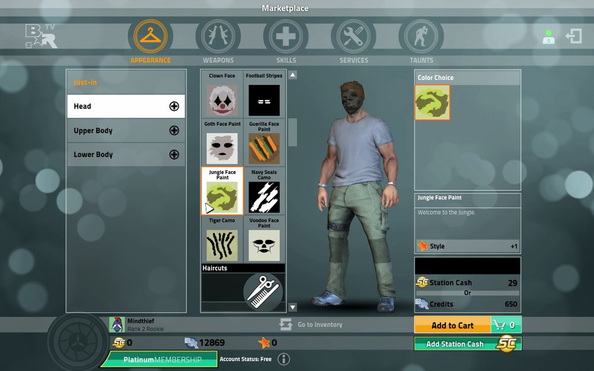 Bullet Run (Windows) screenshot: As always. All kinds of useless stuff in the marketplace.