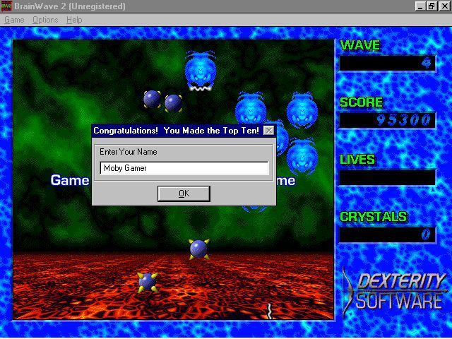 BrainWave 2 (Windows 3.x) screenshot: Game over but a high score has been attained.