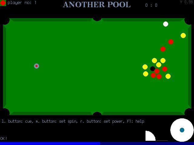 Another Pool (DOS) screenshot: The game is in progress. The cursor is now a solid red because that's player one's colour