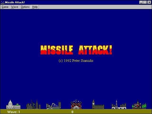 Missile Attack! (Windows 3.x) screenshot: The initial screen. A new game is started via the menu bar or the F2 key
