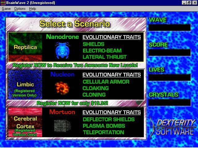 BrainWave 2 (Windows 3.x) screenshot: There are three scenarios to choose from, each with its own class of nanobot invader. Only Reptilica is available in the shareware release.