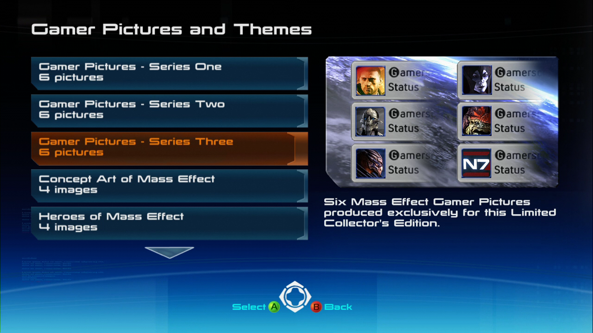 Mass Effect (Limited Collector's Edition) (Xbox 360) screenshot: The bonus DVD also includes gamer pictures and themes.