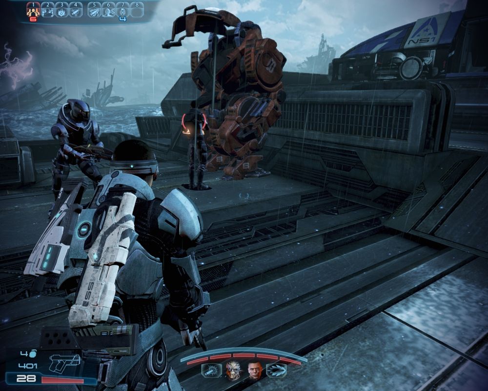 Mass Effect 3: Leviathan (Windows) screenshot: The mech is getting checked out by Cortez.