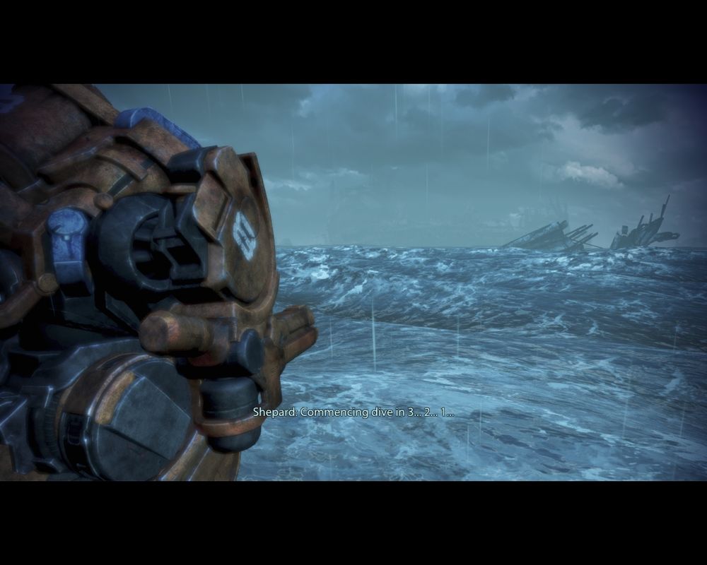 Mass Effect 3: Leviathan (Windows) screenshot: Shepard, inside the Mech, begins his plunge into the icy water.