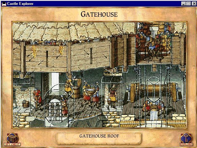 Castle Explorer (Windows) screenshot: The gatehouse roof examined in more detail. The player can delve even deeper into the castle than this - see the next screenshot