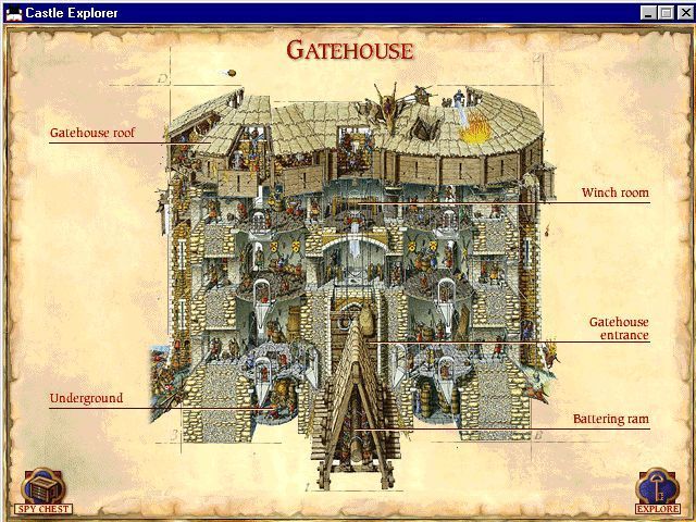 Castle Explorer (Windows) screenshot: The Gatehouse has been selected. From here individual areas can be examined in greater detail.