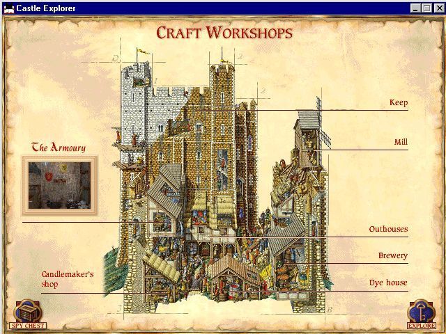 Castle Explorer (Windows) screenshot: Some sections of the castle give the player access to the video sequences. This one takes the player into the armoury