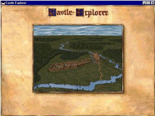 Castle Explorer (Windows) screenshot: The game begins with a fly-by of the castle. Music plays. A voice over tells the player that the king does not trust the baron and wants a spy to investigate.