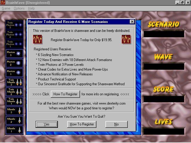 BrainWave (Windows 16-bit) screenshot: The shareware nag screen that is shown on exit