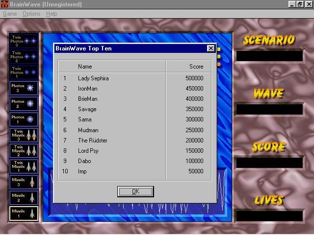 BrainWave (Windows 3.x) screenshot: This is the game's high score screen. It comes pre-loaded with these scores