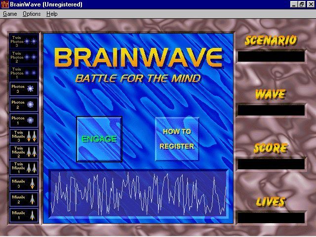 BrainWave (Windows 3.x) screenshot: After displaying a brief help message the game naturally shows a reminder to register the game as well as the option to play
