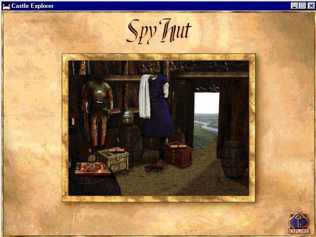 Castle Explorer (Windows) screenshot: In the Spy Hut the player must choose their disguise, tear the scroll which contains the questions the king wants answering and, of course, read the spy manual.