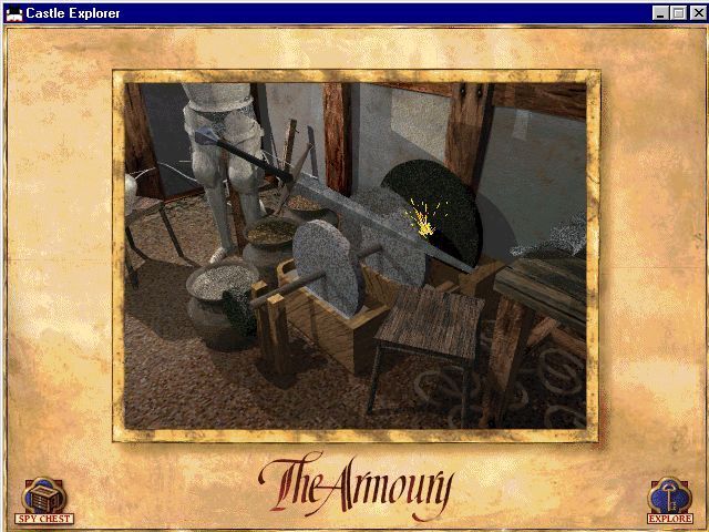 Castle Explorer (Windows) screenshot: One of the armourer's simple tasks is to sharpen a sword blade on a grinding wheel