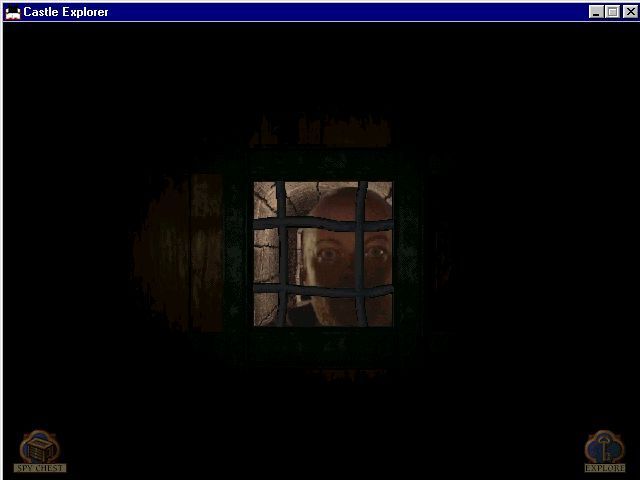 Castle Explorer (Windows) screenshot: Getting the baron's question wrong means a trip to the dungeon. Luckily the jailer can smuggle the player out in the dung cart - for a price