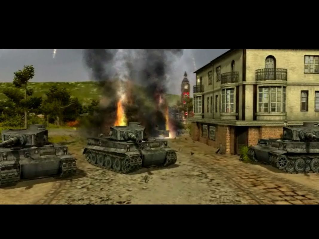 War Front: Turning Point (Windows) screenshot: Mission One: The Liberation of London. Nice the way the animated introduction makes London look like a small village, much prettier and more colourful than the real thing
