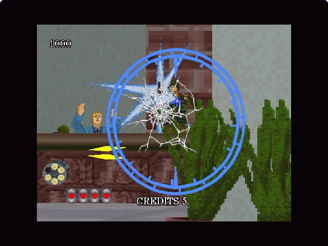 Virtua Cop 2 (Windows) screenshot: enemy hit me - I see broken glass.
