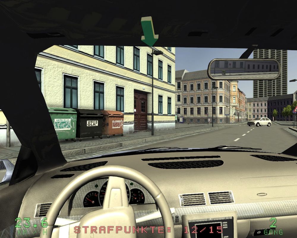 Driving Simulator 2009 (Windows) screenshot: Some details, like these realistic glass recycling containers, can be found in the city.