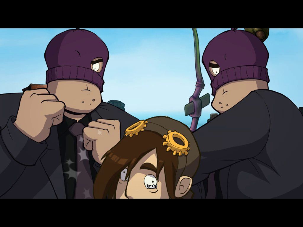 Chaos on Deponia (Windows) screenshot: Rufus getting beat up by the unorganize crime syndicate