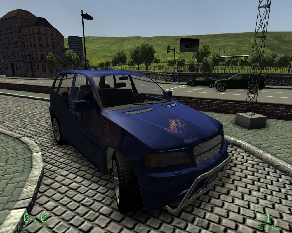Driving Simulator 2009 (Windows) screenshot: The SUV, approaching the fast food drive-through.