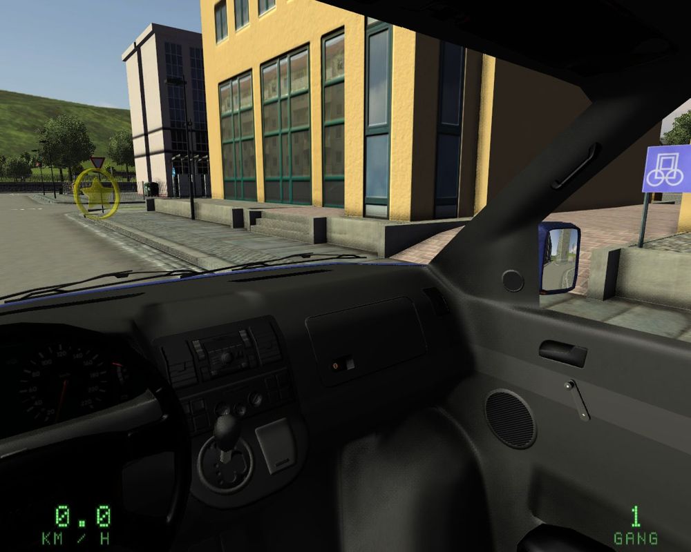 Driving Simulator 2009 (Windows) screenshot: You can admire the rather nicely modeled cockpits. The symbol up front marks the start of a mission.